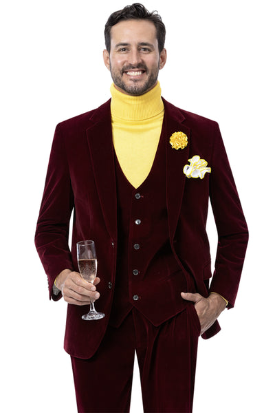 Mens Two Button Vested Velvet Suit in Burgundy