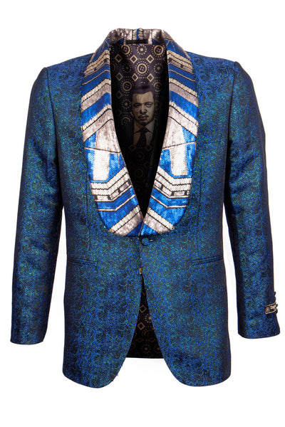 Men's Shiny Metallic Print Tuxedo Jacket with Egyptian Design Sequin Lapel in Navy
