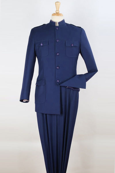 Mens Five Button Military Insired Mandarin Banded Safari Suit in Navy