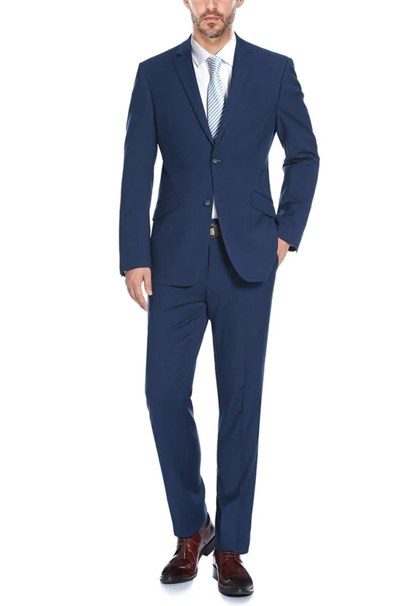 Mens Two Button Slim Fit Hack Pocket Suit in Navy Blue