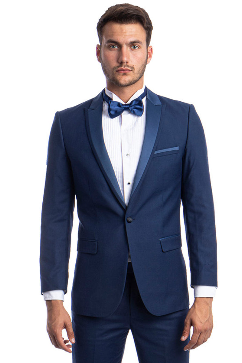 Men's Slim Fit One Button Satin Trim Peak Lapel Prom & Wedding Tuxedo in Cobalt Blue