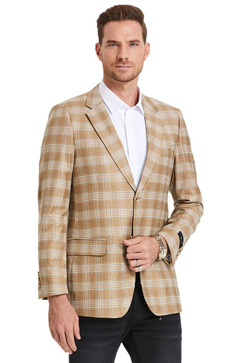 Men's Slim Fit Business Casual Khaki Glen Plaid Sport Coat