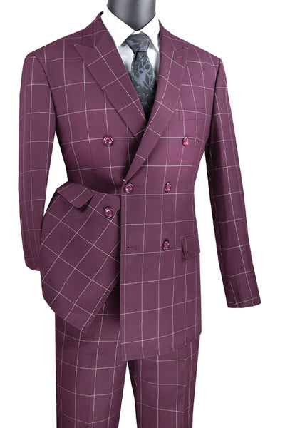 Mens Double Breasted Bold Windowpane Plaid Suit in Burgundy