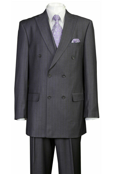 Mens Classic Double Breasted Peak Lapel Suit in Grey Pinstripe