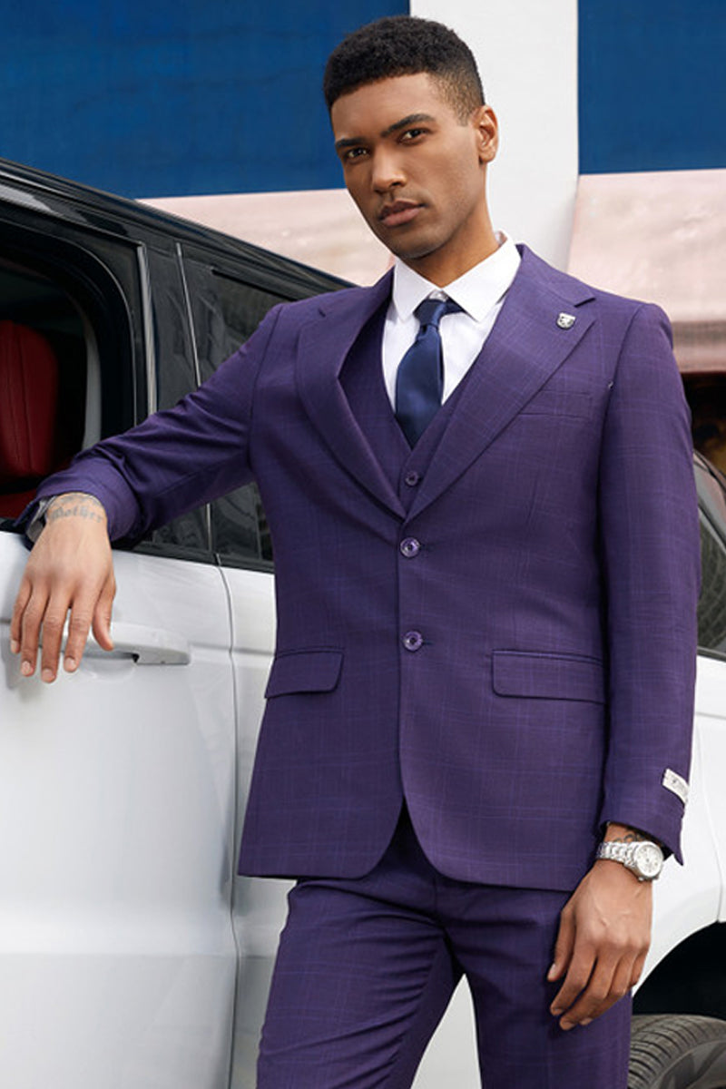 Men's Stacy Adam's Two Button Vested Business Suit in Dark Purple Plaid, 50 Regular / Purple
