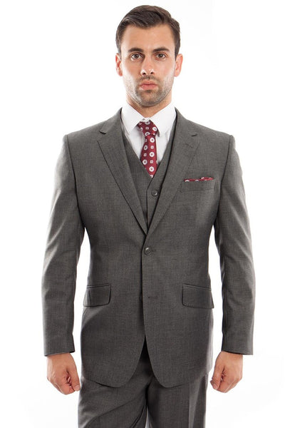 Men's Designer Two Button Modern Fit Vested Wool Suit in Charcoal Grey