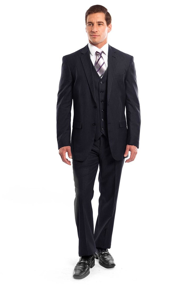 Men's Two Button Vested Business Suit in Navy Blue Pinstripe