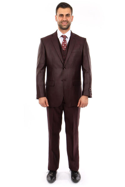 Men's Two Button Vested Textured Sharkskin Business Suit in Burgundy