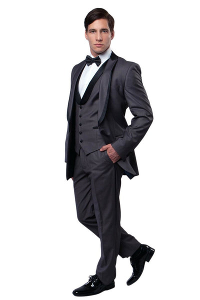 Men's One Button Satin Trimmed Peak Lapel Vested Fancy Tuxedo in Charcoal Grey