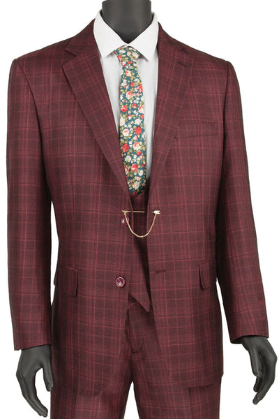 Mens 2 Button Vested Peak Lapel Plaid Windowpane Suit in Burgundy