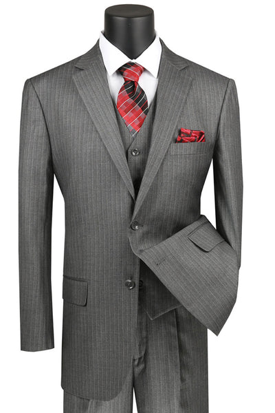 Mens Classic Fit Vested Pleated Pant Banker Pinstripe Suit in Grey