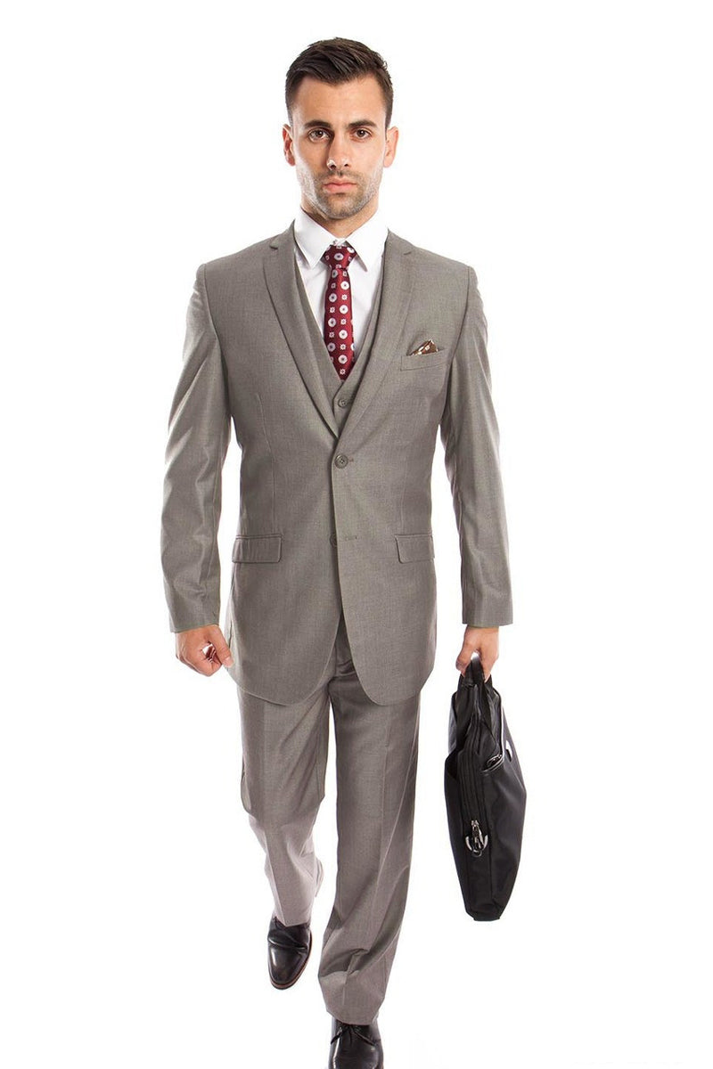 Men's Two Button Slim Fit Basic Vested Wedding Suit in Grey