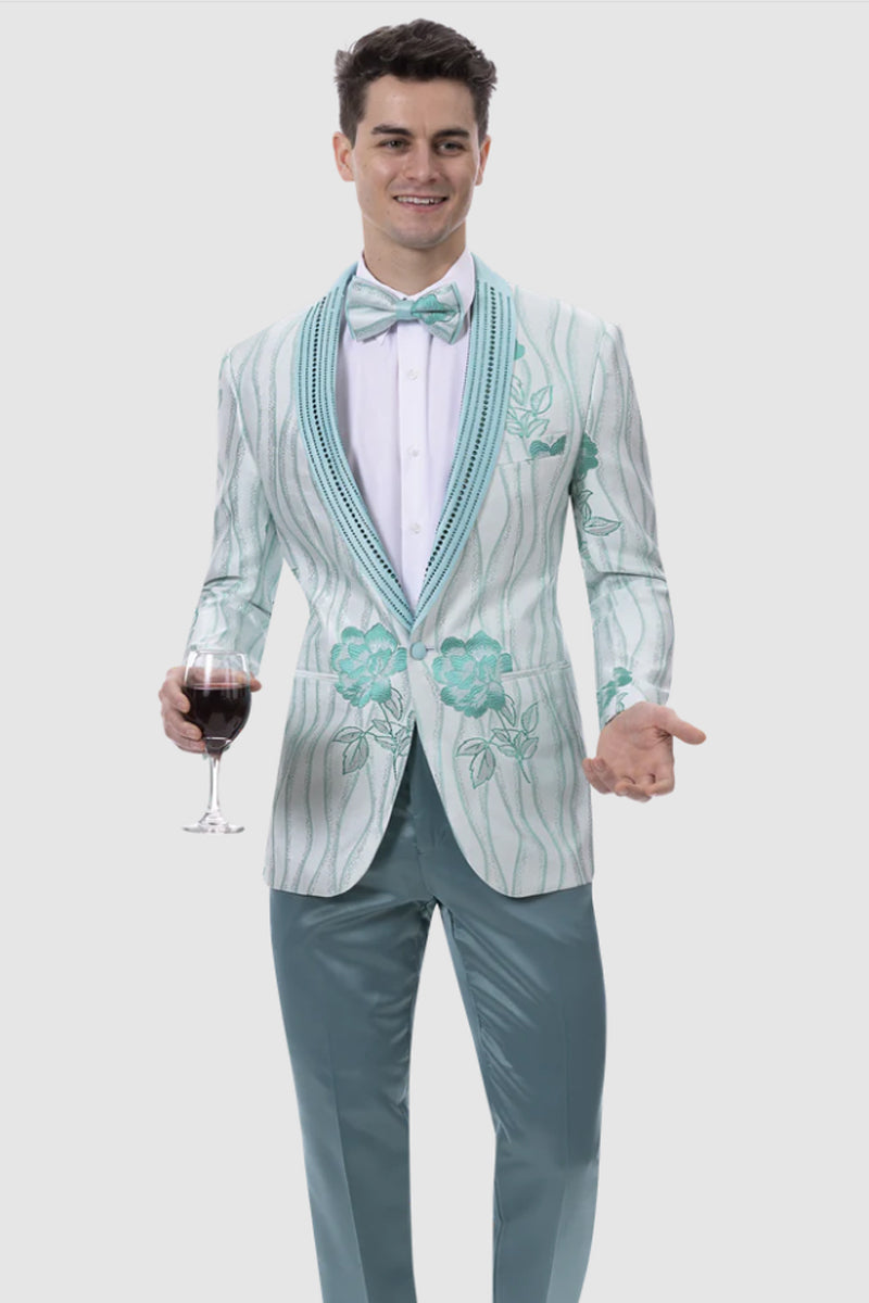 Mens Wave and Flower Pattern Studded Shawl Lapel Prom Tuxedo Jacket in Teal