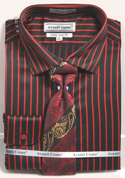 Men's Slim Fit Spread Collar Dress Shirt & Tie Set in Bold Black & Red Ganster Pinstripe