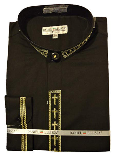 Men's Cross Embroidered Banded Collar Dress Clergy Shirt in Black & Gold