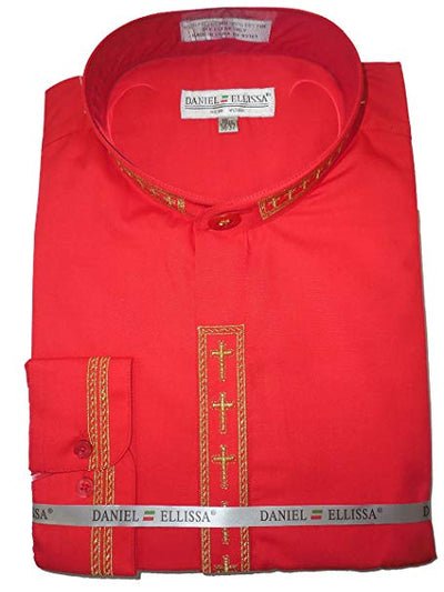Men's Cross Embroidered Banded Collar Dress Clergy Shirt in Red & Gold