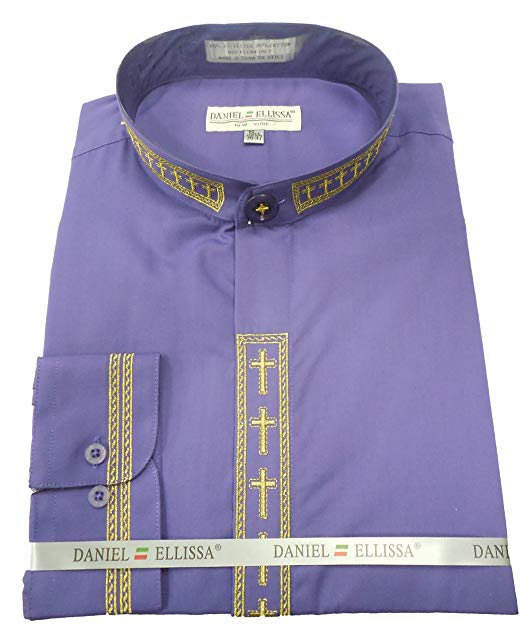 Men's Cross Embroidered Banded Collar Dress Clergy Shirt in Purple & Gold