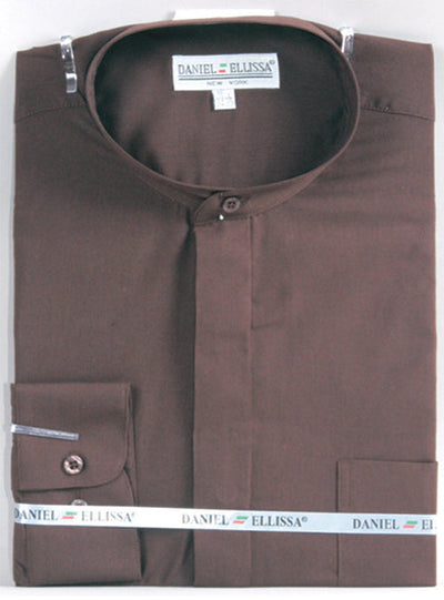 Men's Classic Banded Collar French Front Dress Shirt in Dark Brown