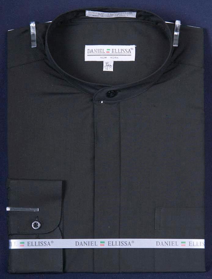 Men's Classic Banded Collar French Front Dress Shirt in Black