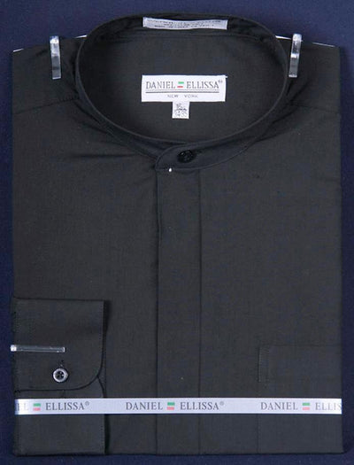Men's Classic Banded Collar French Front Dress Shirt in Black