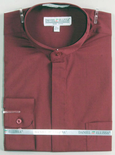 Men's Classic Banded Collar French Front Dress Shirt in Burgundy