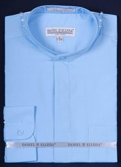 Men's Classic Banded Collar French Front Dress Shirt in Light Blue