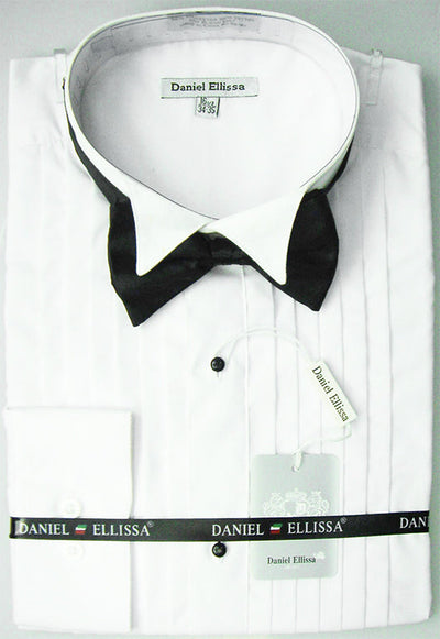 Men's Regular Fit Wing Collar Half-Inch Pleat White Tuxedo Shirt & Bowtie Set