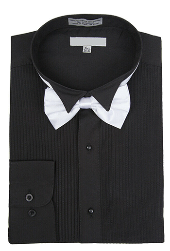 Men's Regular Fit Wing Collar Mini Pleat Black Tuxedo Shirt & Bowtie Set