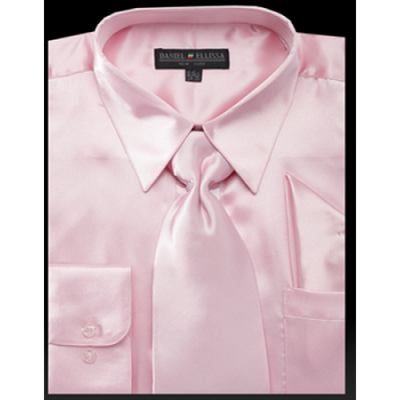 Men's Regular Fit Shiny Satin Dress Shirt, Tie & Pocket Square Set in Pink
