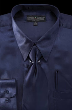 Men's Regular Fit Shiny Satin Dress Shirt, Tie & Pocket Square Set in Navy Blue
