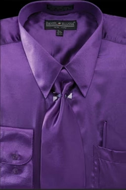 Men's Regular Fit Shiny Satin Dress Shirt, Tie & Pocket Square Set in Purple