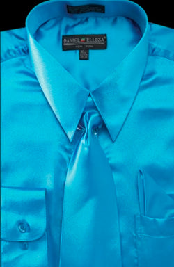 Men's Regular Fit Shiny Satin Dress Shirt, Tie & Pocket Square Set in Turquoise