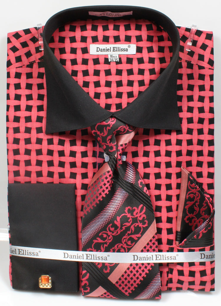 Men's Contrast Collar French Cuff Lattice Pattern Dress Shirt & Tie Set in Black & Coral