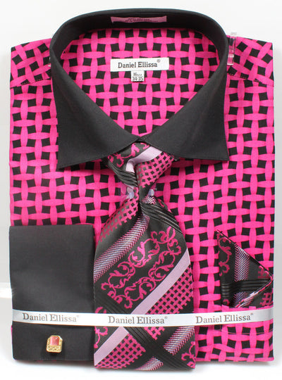 Men's Contrast Collar French Cuff Lattice Pattern Dress Shirt & Tie Set in Black & Fuchsia