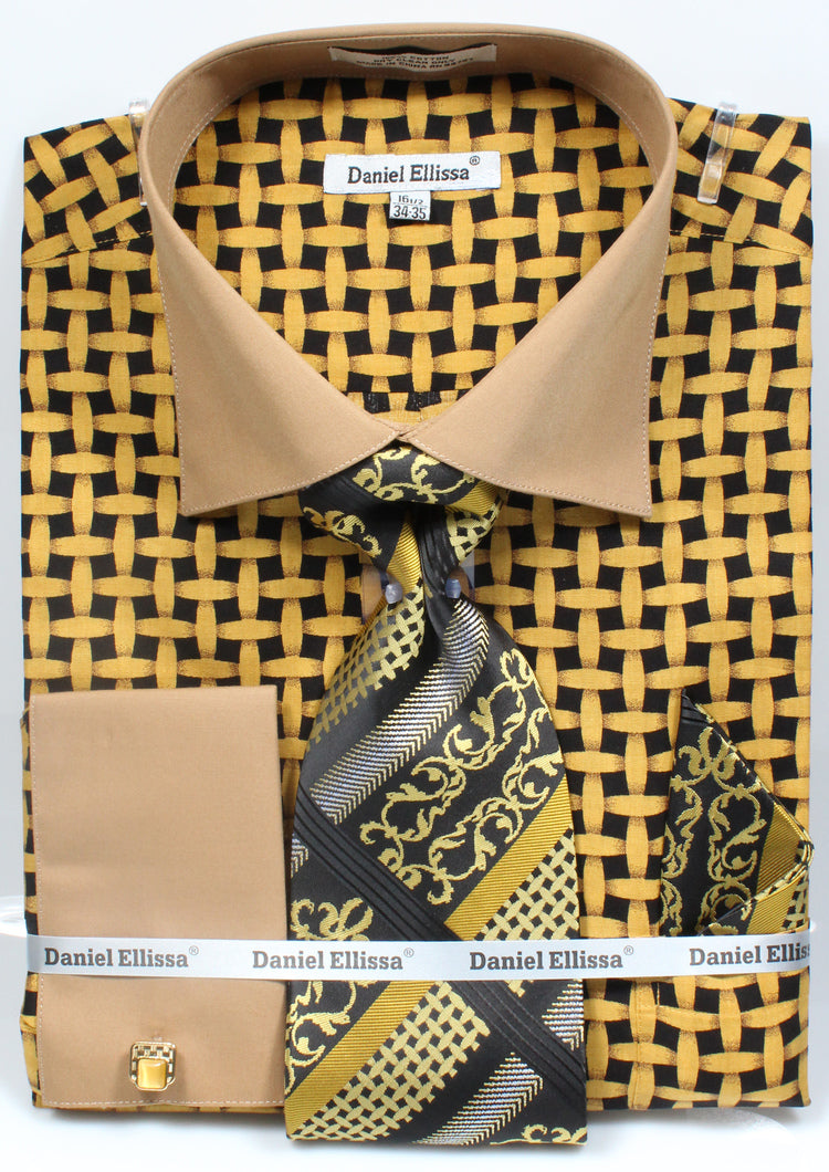 Men's Contrast Collar French Cuff Lattice Pattern Dress Shirt & Tie Set in Black & Mustard