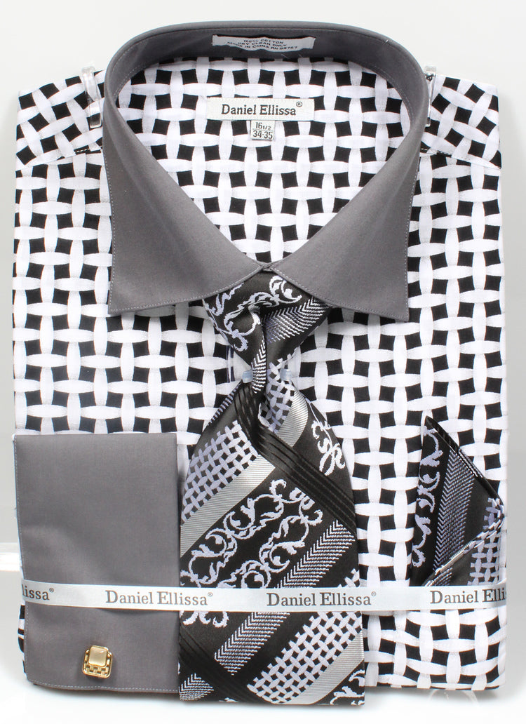 Men's Contrast Collar French Cuff Lattice Pattern Dress Shirt & Tie Set in Black & White