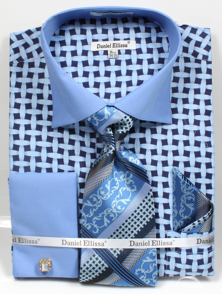 Men's Contrast Collar French Cuff Lattice Pattern Dress Shirt & Tie Set in Blue
