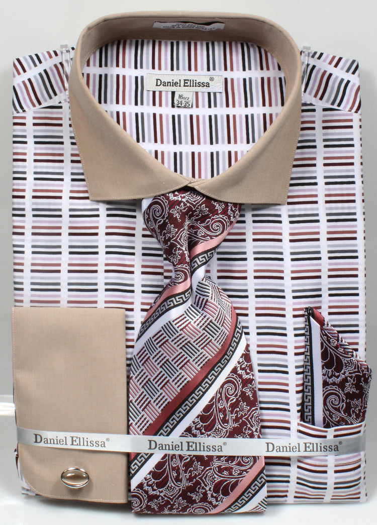 Men's Wide Spread Collar Contrast Cuff Horizontal Multi Stripe Dress Shirt & Tie Set in Beige