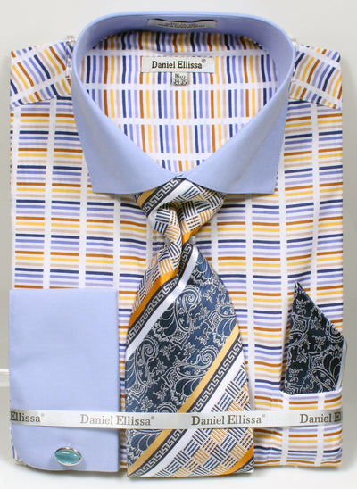 Men's Wide Spread Collar Contrast Cuff Horizontal Multi Stripe Dress Shirt & Tie Set in Blue