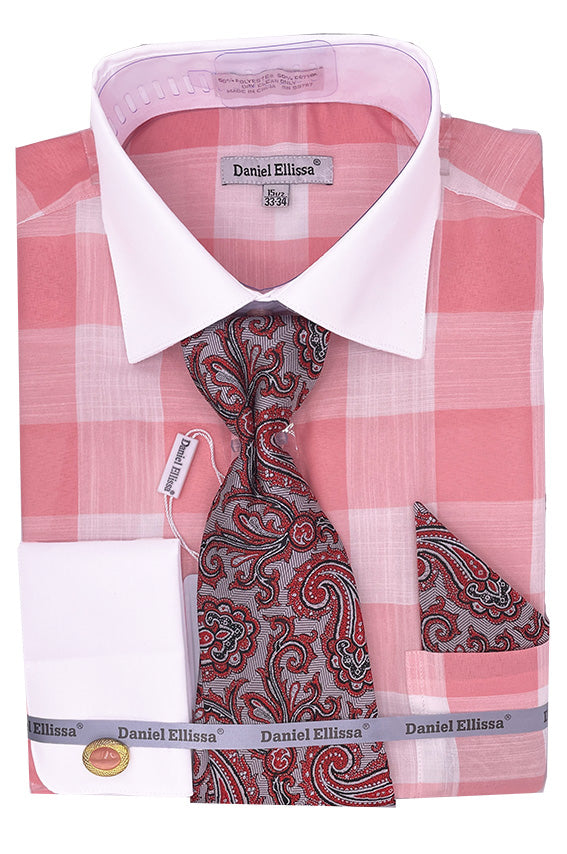 Men's Contrast Collar & French Cuff Picnic Plaid Dress Shirt Set in Coral Pink