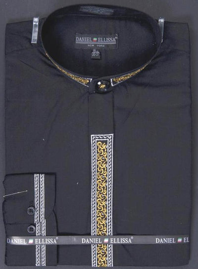 Men's Banded Collar Dress Shirt in Black with Gold Embroidery