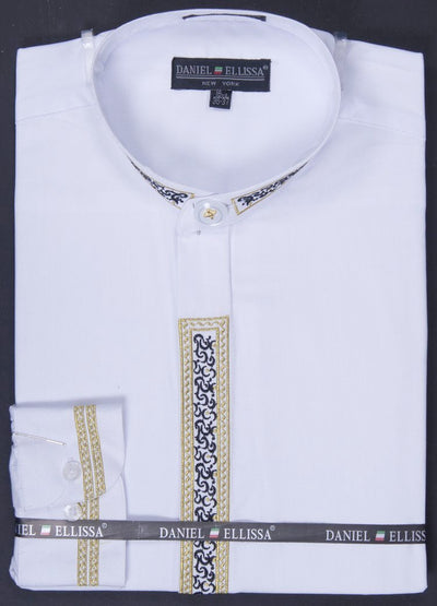 Men's Banded Collar Dress Shirt in White with Gold Embroidery