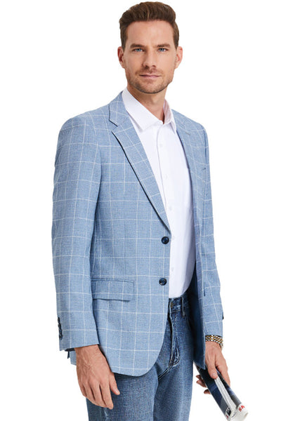 Men's Slim Fit Business Casual Summer Windowpane Plaid Suit in Light Blue