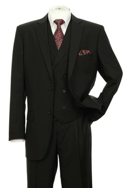 Mens 2 button Pleated Pant Suit in Black With Double Breasted Vest