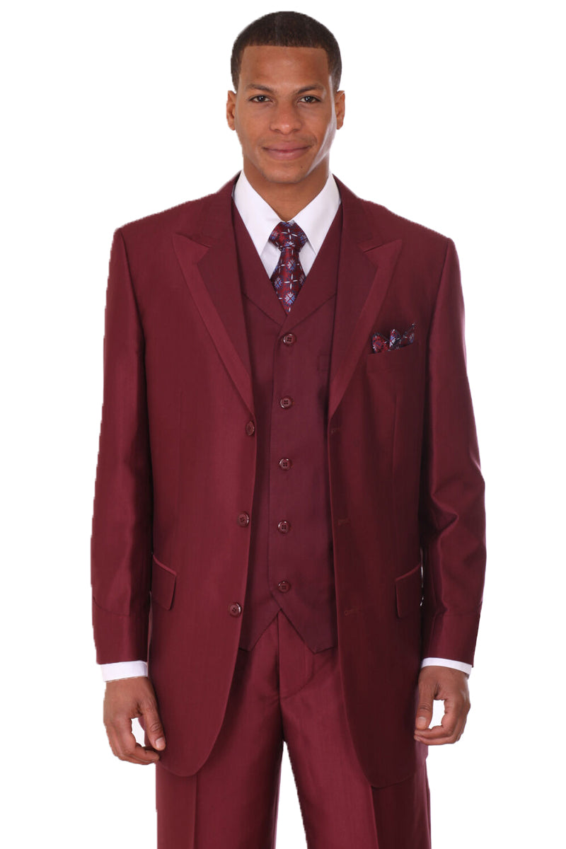 Mens 3 Button Vested Wide Peak Lapel Two Tone Sharkskin Suit in Burgundy