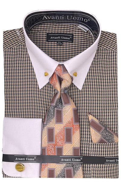 Men's Contrast Collar French Cuff Dress Shirt Set in Beige Houndstooth