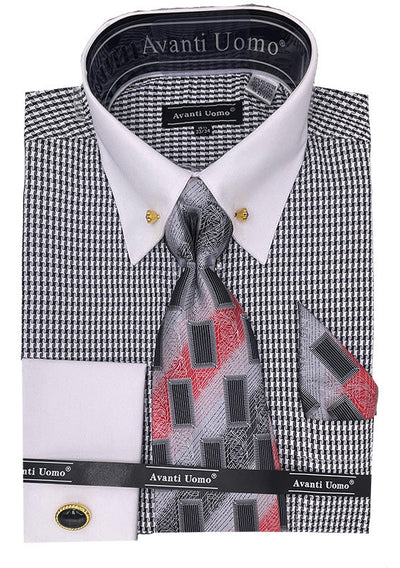 Men's Contrast Collar French Cuff Dress Shirt Set in Black Houndstooth