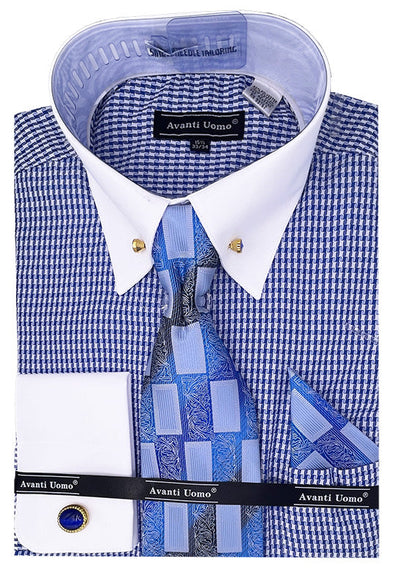 Men's Contrast Collar French Cuff Dress Shirt Set in Blue Houndstooth