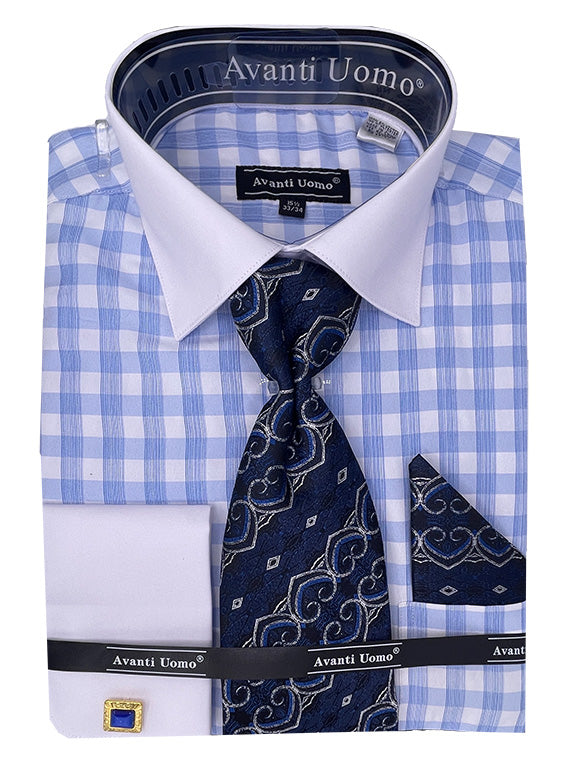 Men's Contrast Collar French Cuff Checkered Plaid Dress Shirt Set in Light Blue