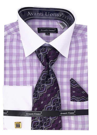 Men's Contrast Collar French Cuff Checkered Plaid Dress Shirt Set in Lilac